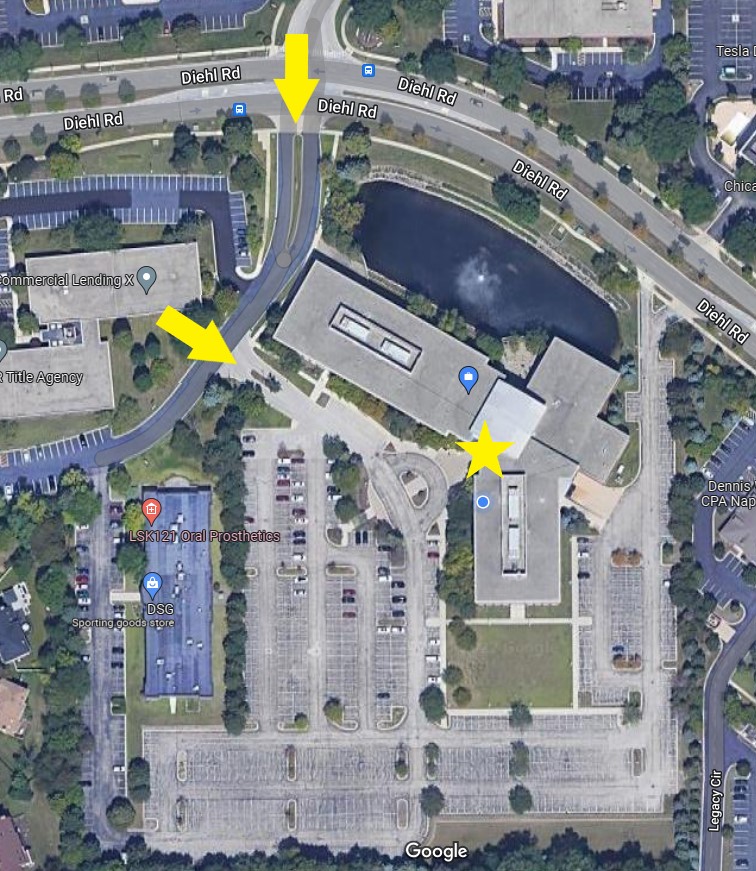 Aerial view of the NIU Naperville Conference Center showing the entrance from Diehl Road and the building entrance.